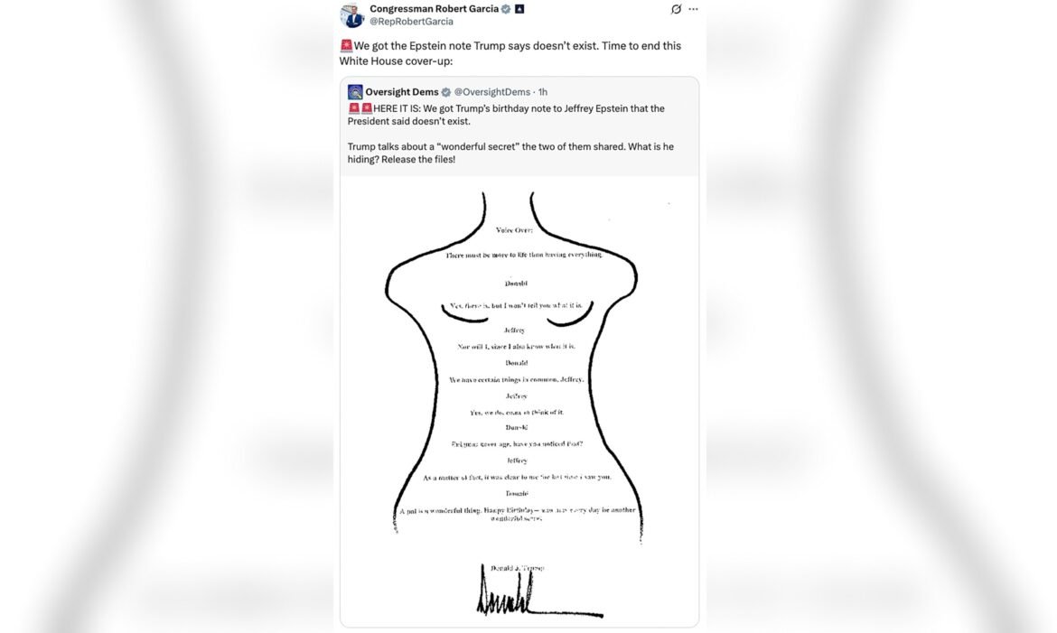 Photo: Democratic representative Robert García published a photo in X that the Democrats say it is the page attributed to Trump in Jeffrey Epstein's "Birthday book" The White House denies that the shared image is the signing of the president.