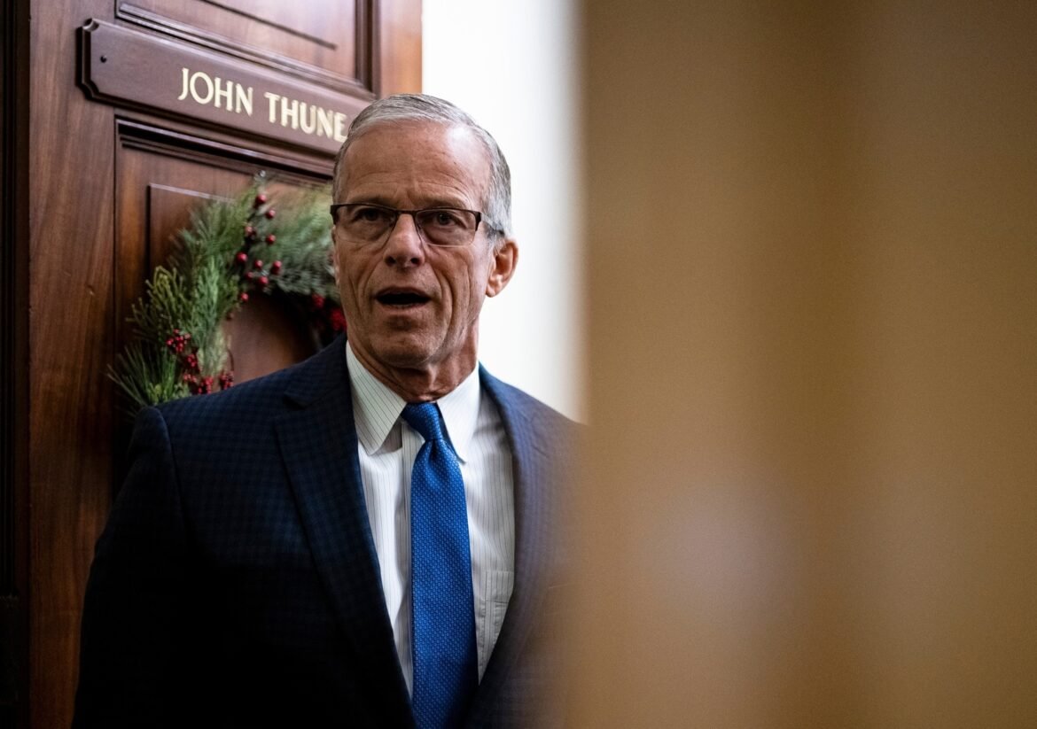 PHOTO: Senate Majority Leader John Thune speaks to reporters after the Senate passed the House resolution to force the release of Justice Department files on deceased convicted sex offender Jeffrey Epstein in Washington, Nov. 18, 2025.